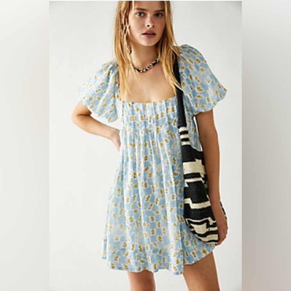 Free People Printed Marina Mini Dress- Floral Blue Dress with Puffy Sleeves